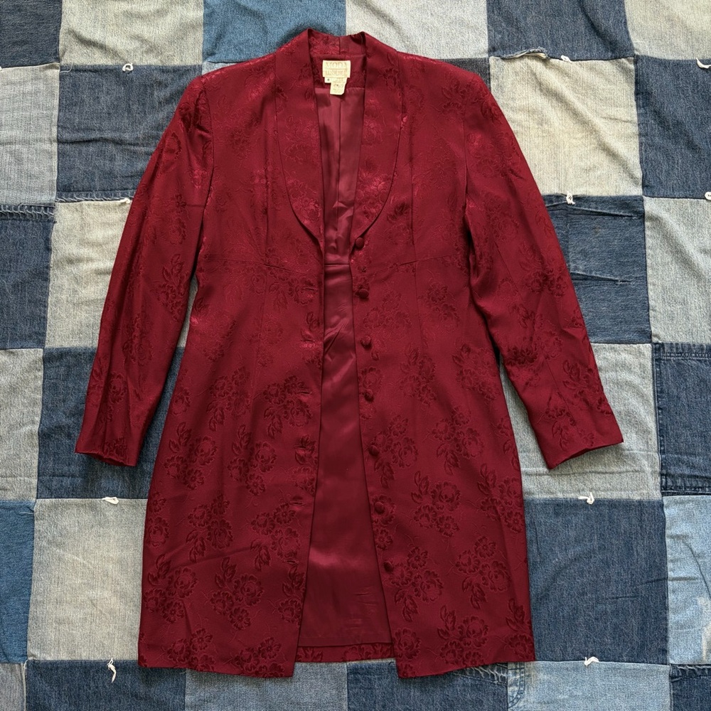Moda International VTG 90s burgundy red floral long duster blazer size 8